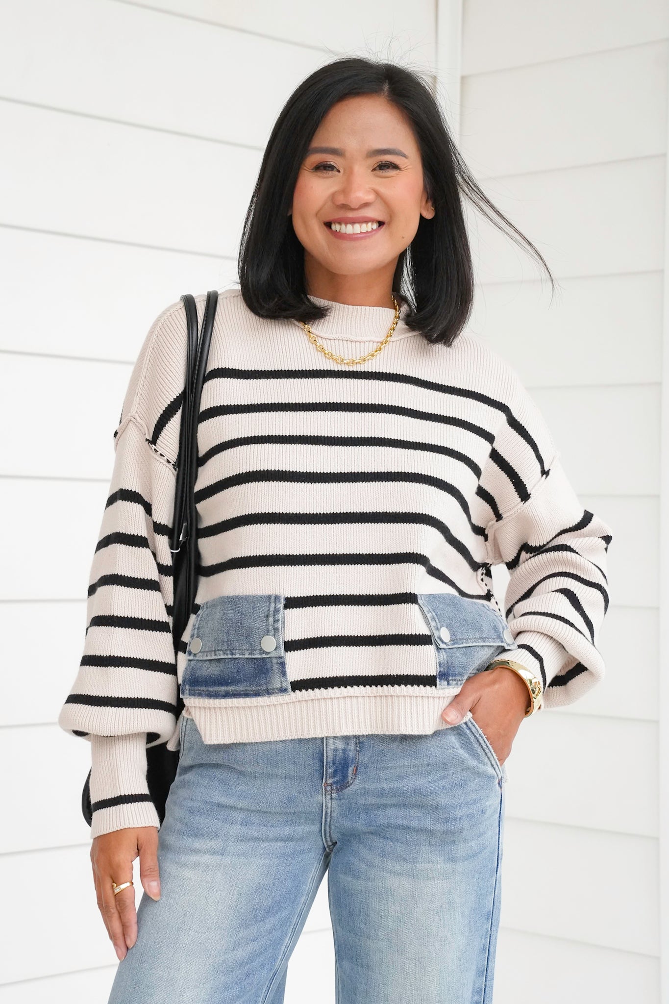 Plus/Reg Striped Crew Neck Sweater with Denim Pockets