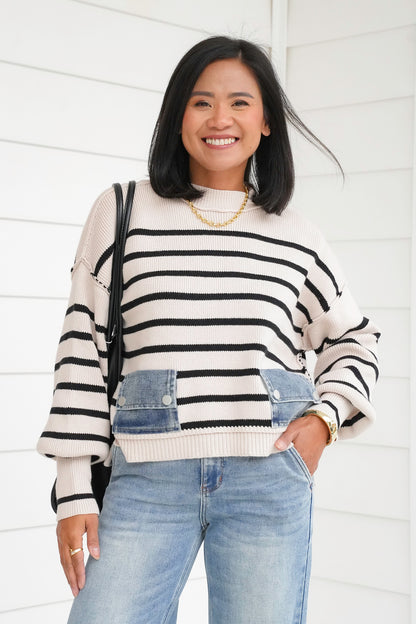 Plus/Reg Striped Crew Neck Sweater with Denim Pockets