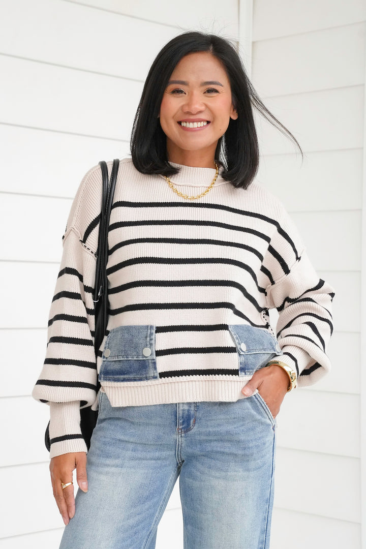 Plus/Reg Striped Crew Neck Sweater with Denim Pockets