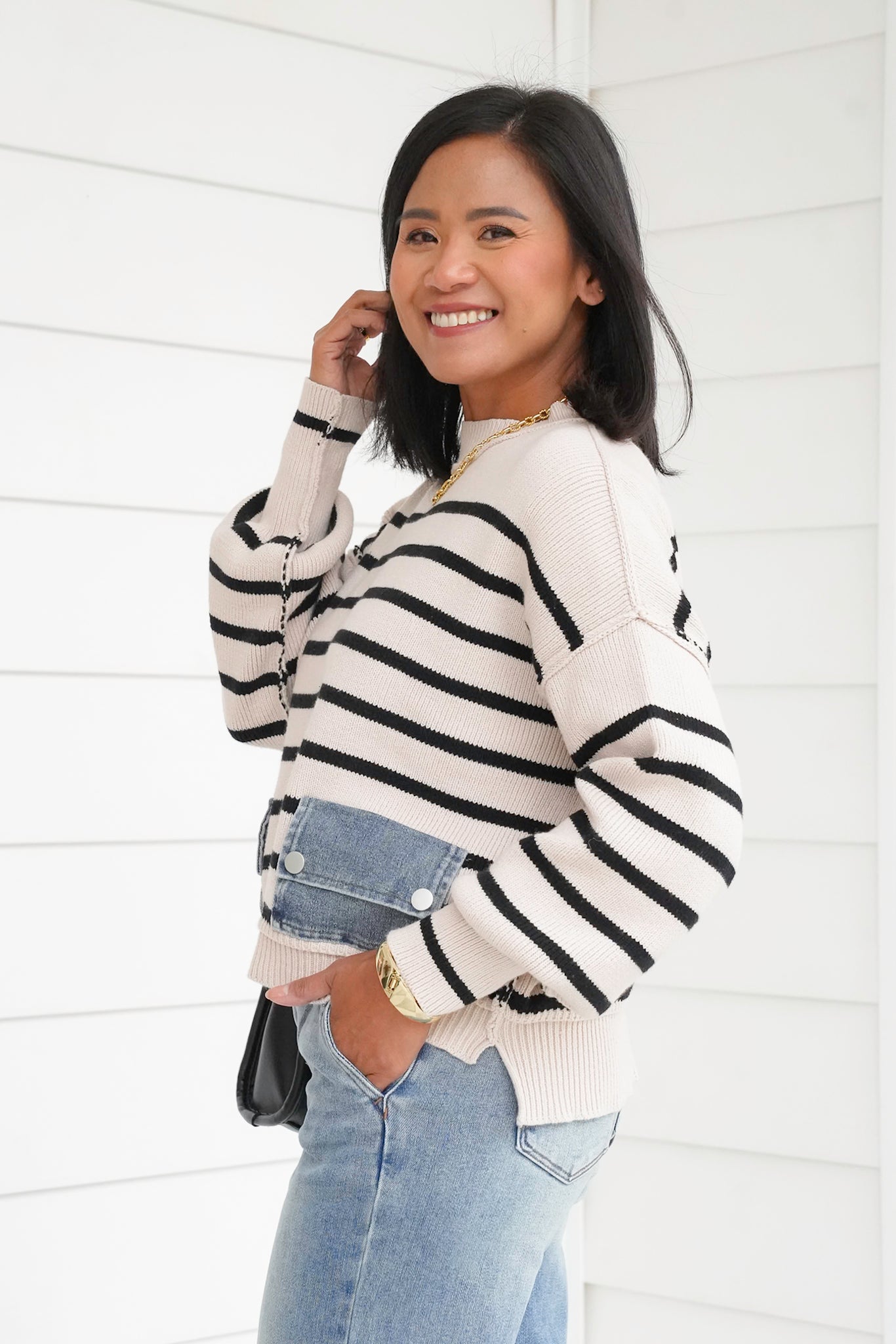 Plus/Reg Striped Crew Neck Sweater with Denim Pockets