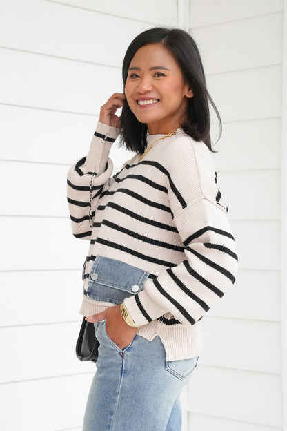Plus/Reg Striped Crew Neck Sweater with Denim Pockets