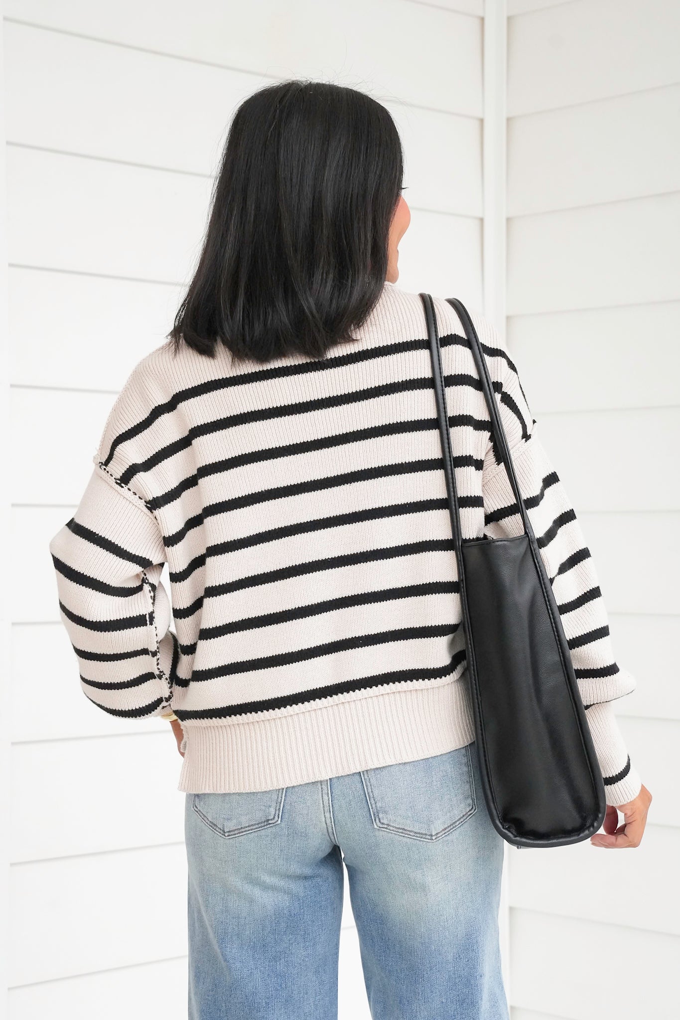 Plus/Reg Striped Crew Neck Sweater with Denim Pockets