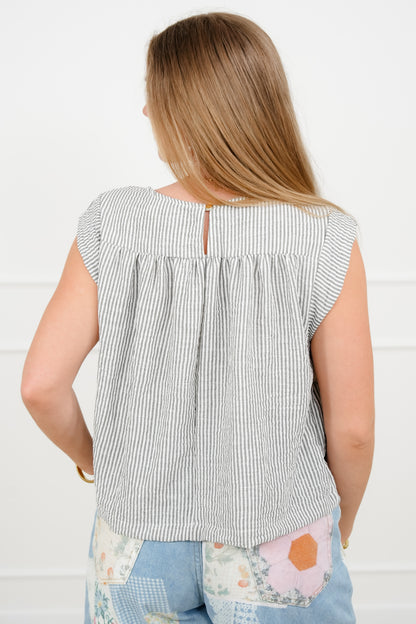 Plus/Reg Stripe Cap Sleeve Round Neck Top