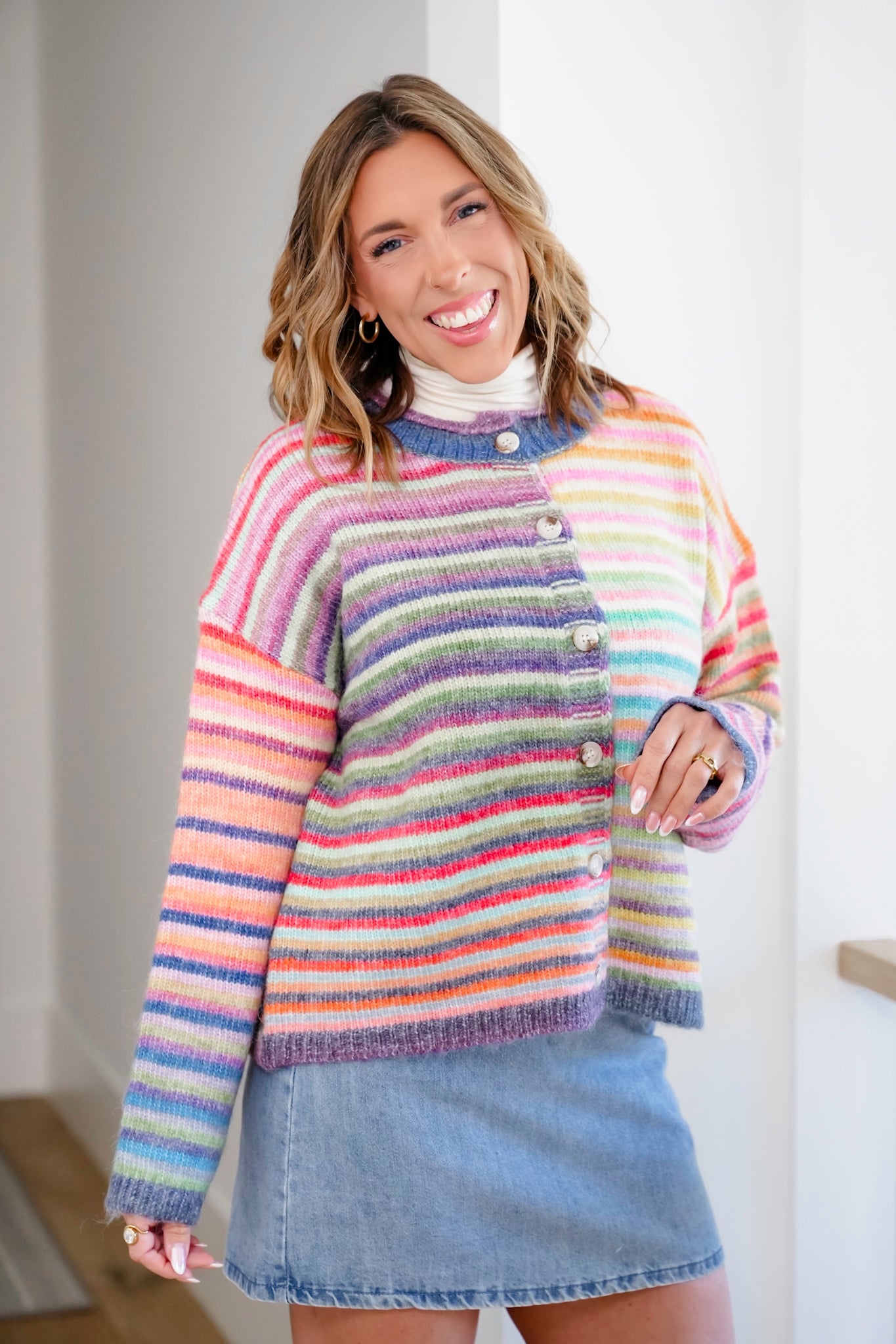 Rainbow Stripe Long Sleeve Button Down Cardigan