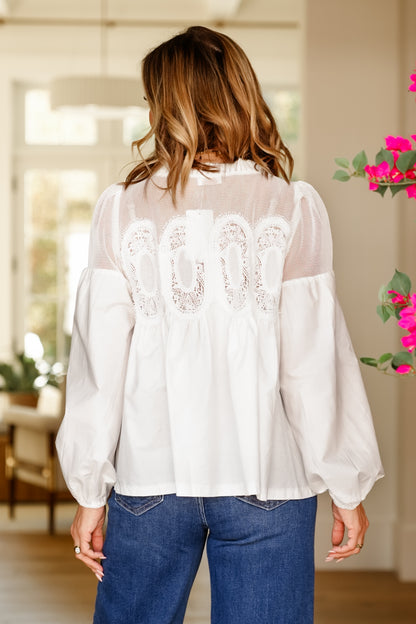 White Balloon Long Sleeve Top with Lace