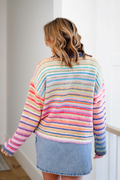 Rainbow Stripe Long Sleeve Button Down Cardigan