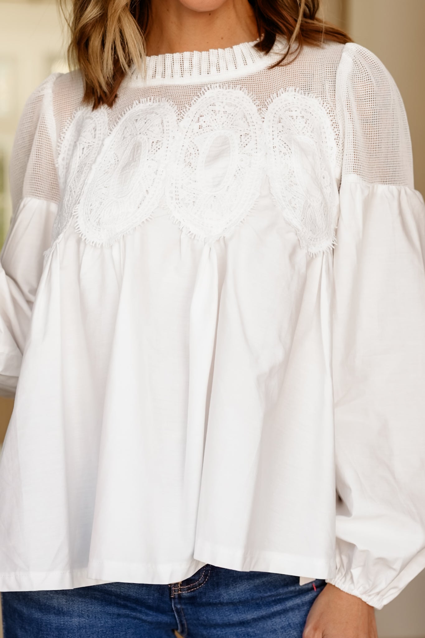 White Balloon Long Sleeve Top with Lace