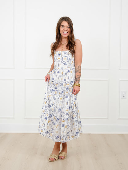 Plus/Reg Tropical Print Sleeveless Tiered Midi Dress