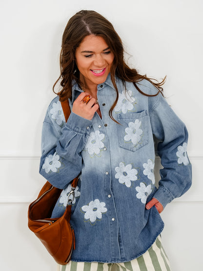Flower Embroidered Long Sleeve Button Down Top