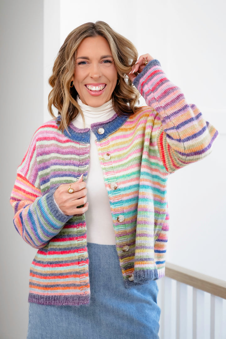 Rainbow Stripe Long Sleeve Button Down Cardigan
