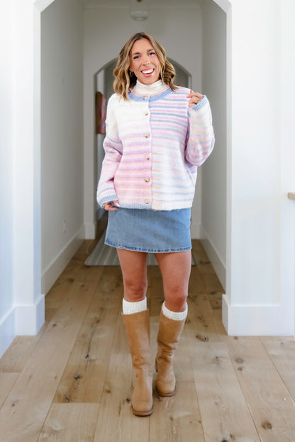 Rainbow Stripe Long Sleeve Button Down Cardigan