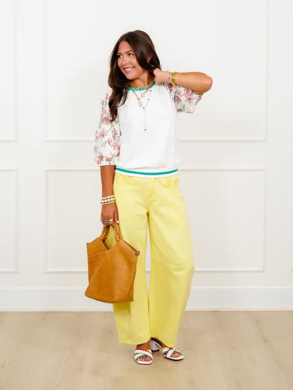 Half Floral Puff Sleeve Knit Top with Contrast Stripe