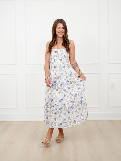 Plus/Reg Tropical Print Sleeveless Tiered Midi Dress