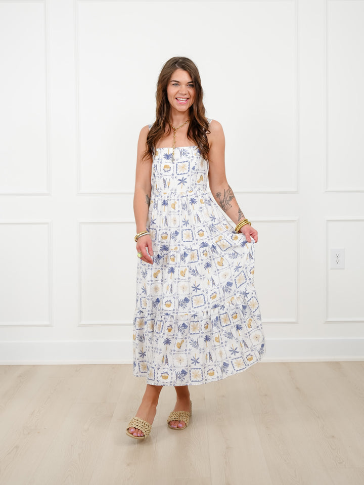 Plus/Reg Tropical Print Sleeveless Tiered Midi Dress