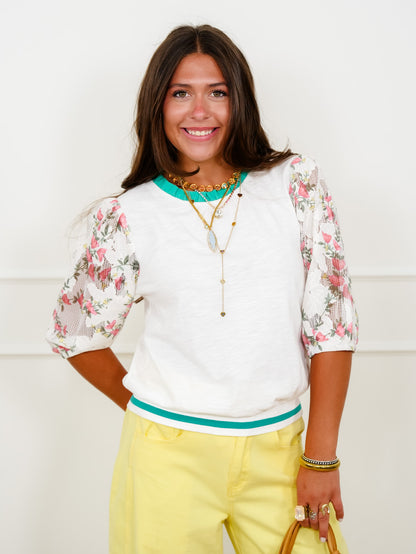 Half Floral Puff Sleeve Knit Top with Contrast Stripe