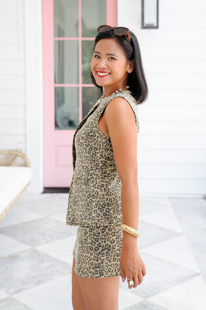 Leopard Print Snap Button Down Vest