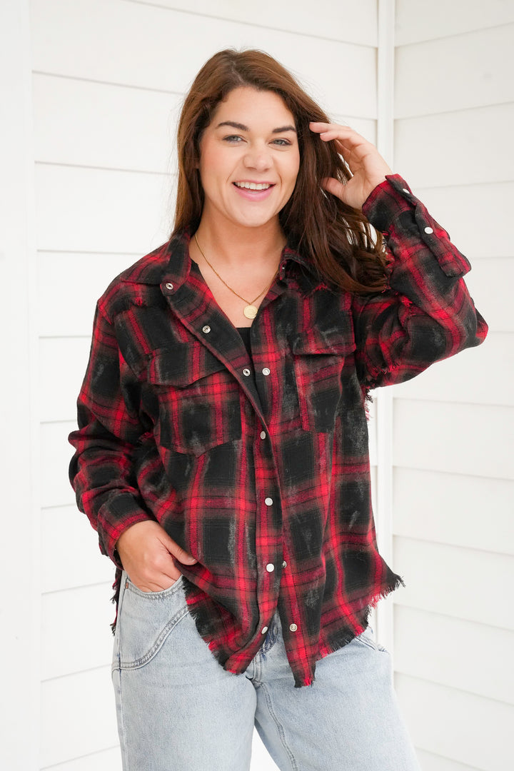 Plus/Reg Plaid Long Sleeve Button Down Top