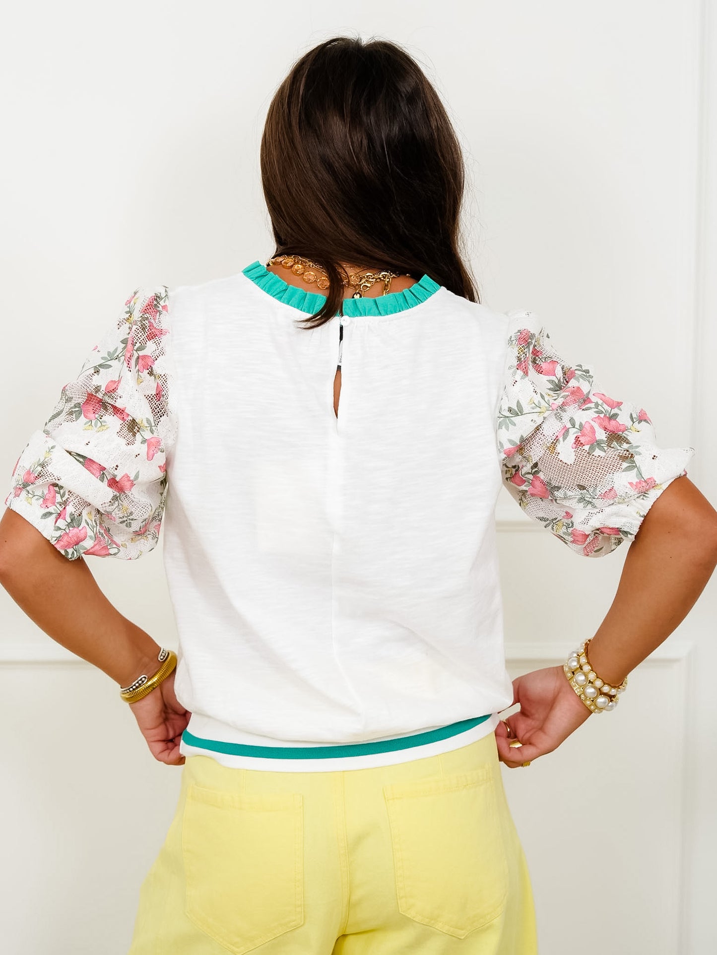 Half Floral Puff Sleeve Knit Top with Contrast Stripe