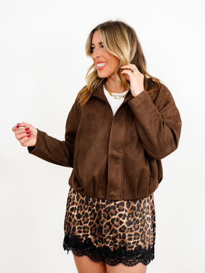 Vegan Suede Long Sleeve Bubble Hem Jacket - Freckled Poppy