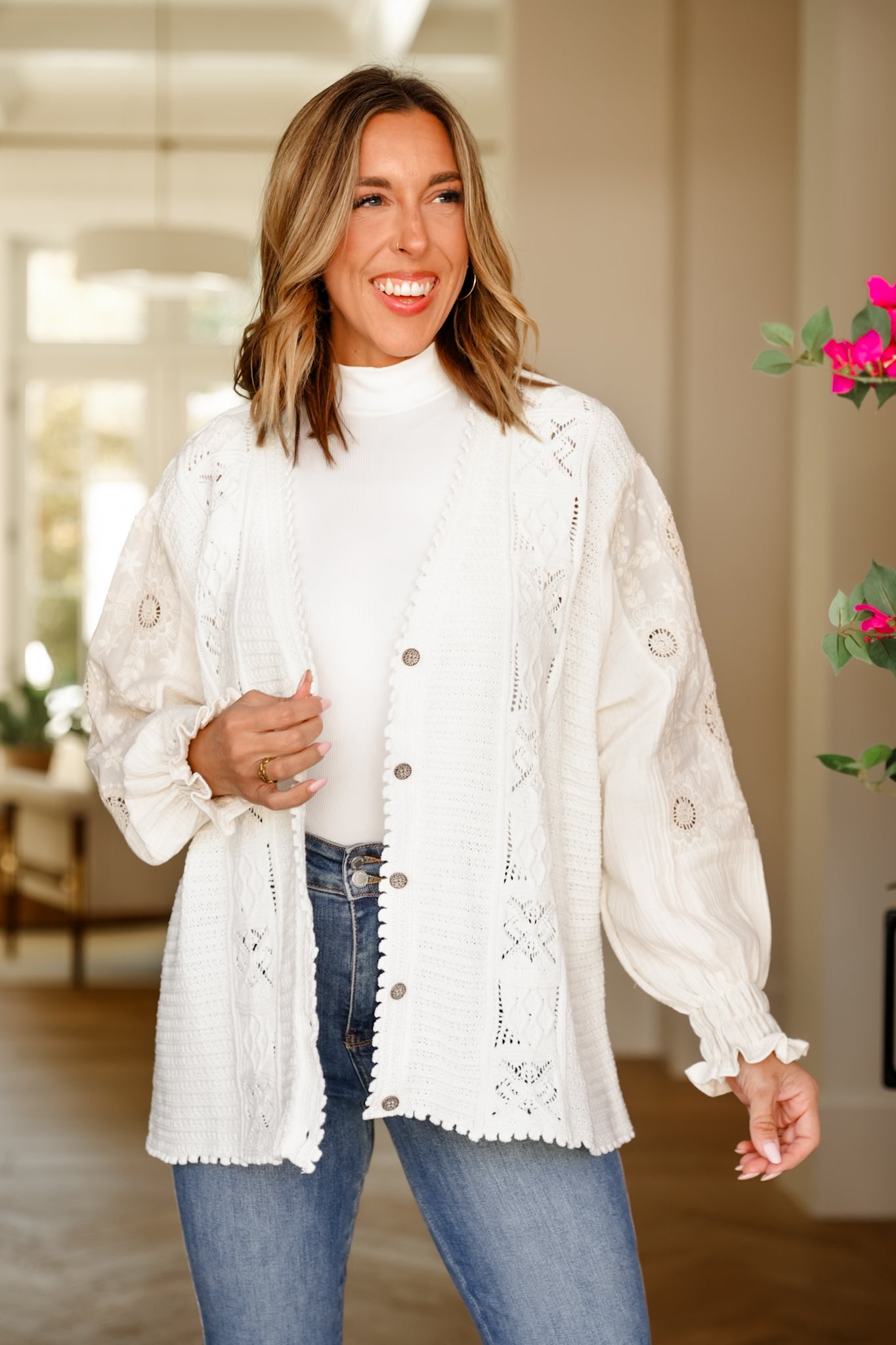 POL Cream Long Sleeve Button Up Cardigan Sweater