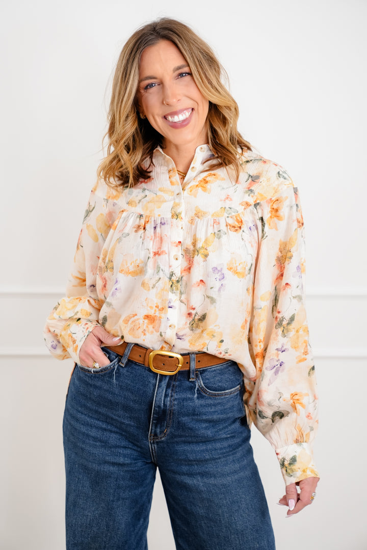 Plus/Reg Floral Print Long Sleeve Button Down Blouse