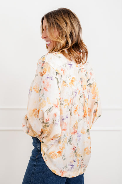 Plus/Reg Floral Print Long Sleeve Button Down Blouse