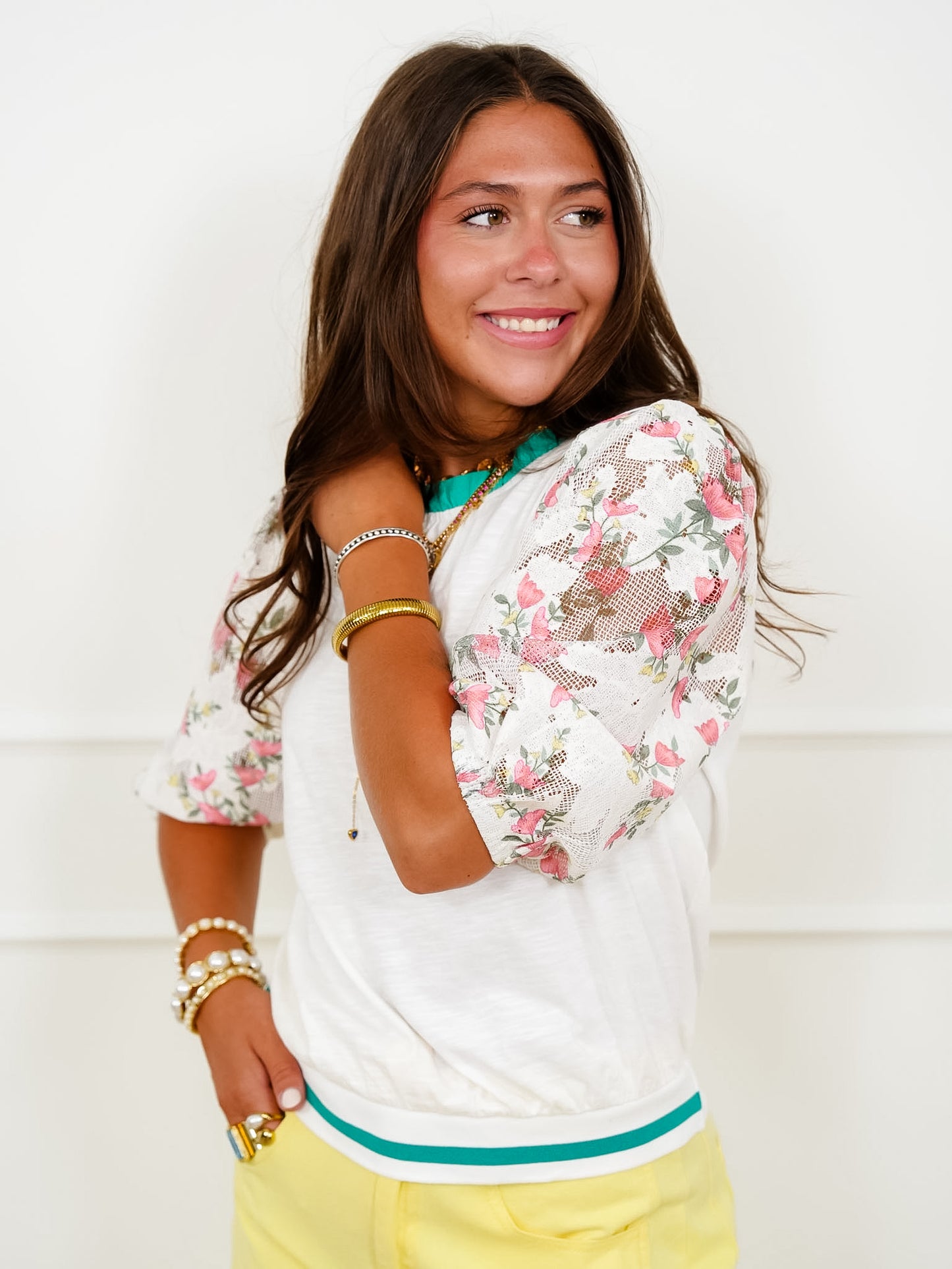 Half Floral Puff Sleeve Knit Top with Contrast Stripe