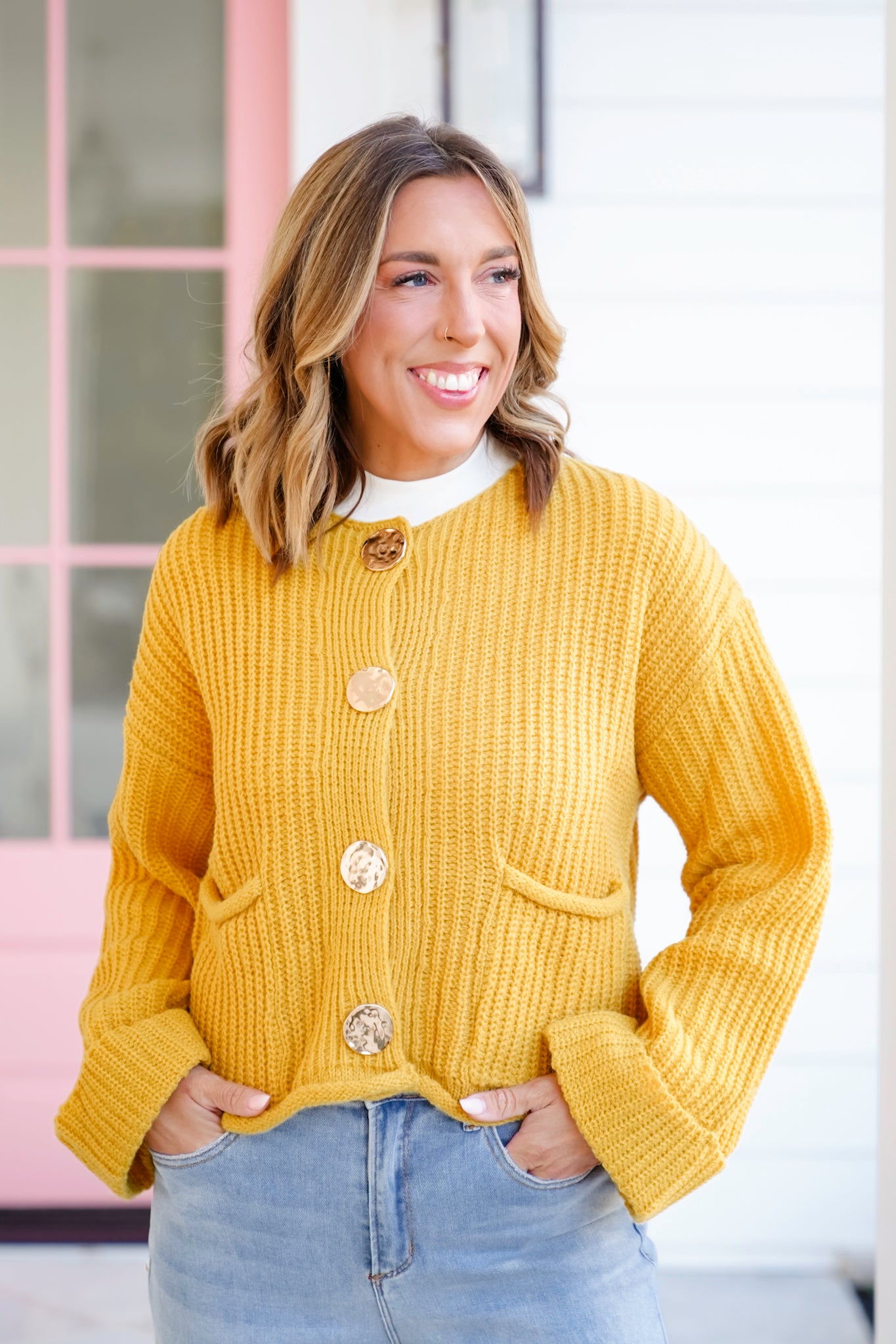 Knit Long Cuff Sleeve Gold Button Down Cardigan