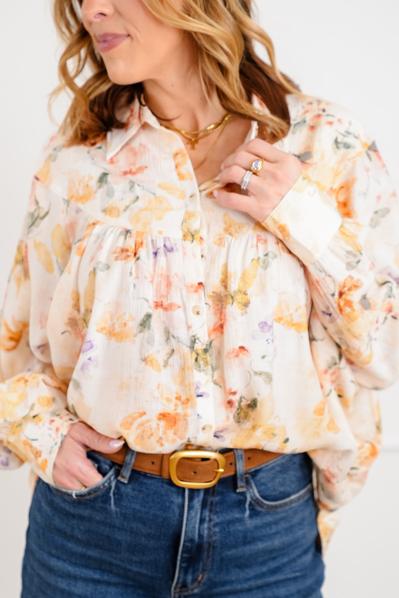 Plus/Reg Floral Print Long Sleeve Button Down Blouse