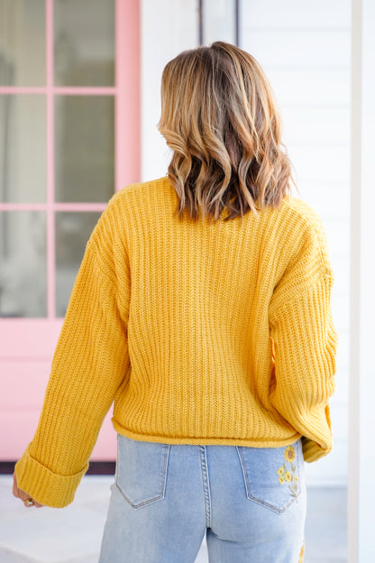 Knit Long Cuff Sleeve Gold Button Down Cardigan