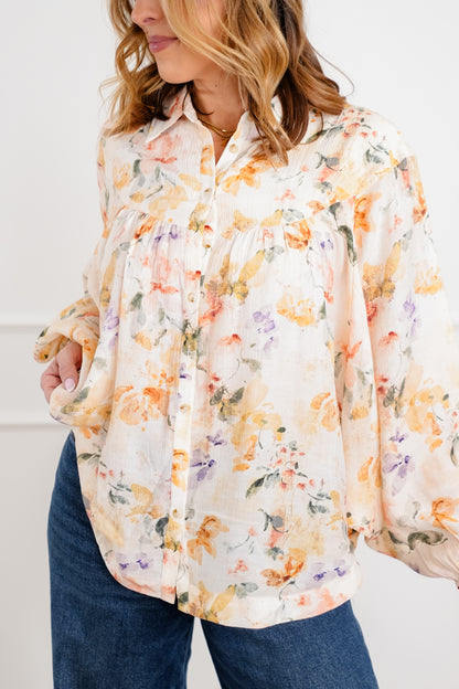 Plus/Reg Floral Print Long Sleeve Button Down Blouse