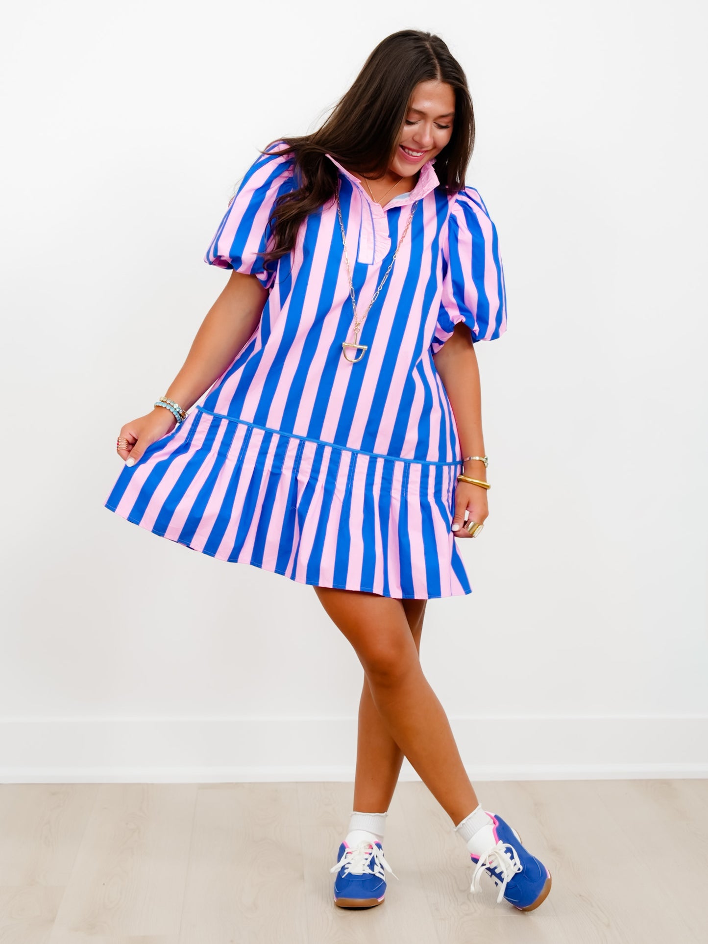 Striped Bubble Sleeve Mini Dress With Ruffle Trim