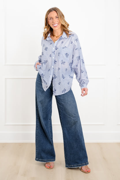 Plus/Reg Floral Stripe Long Sleeve Button Down Top