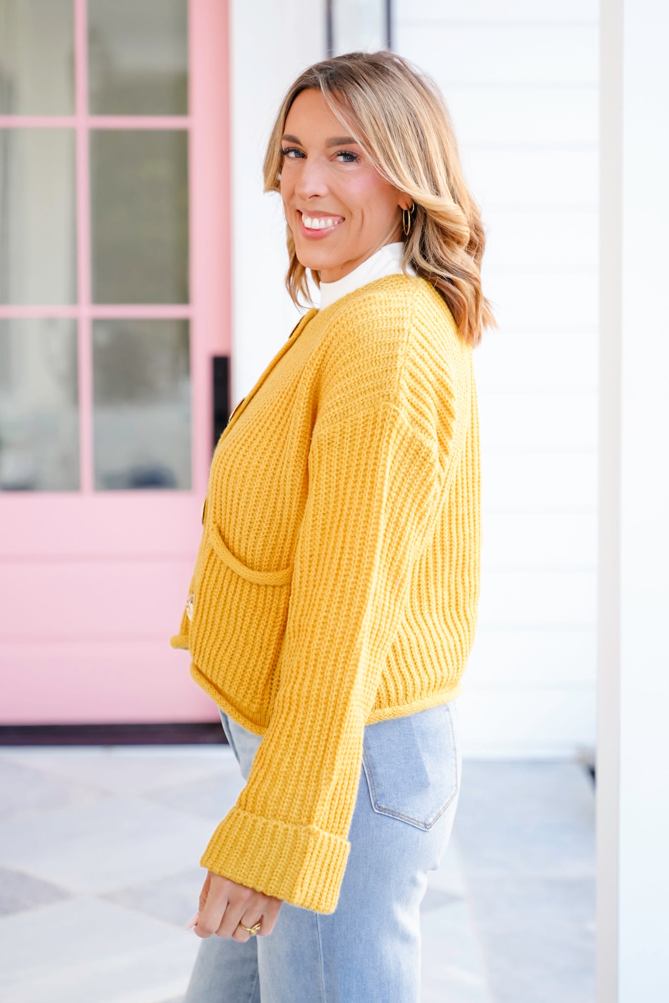 Knit Long Cuff Sleeve Gold Button Down Cardigan