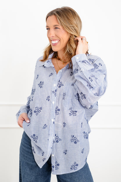 Plus/Reg Floral Stripe Long Sleeve Button Down Top
