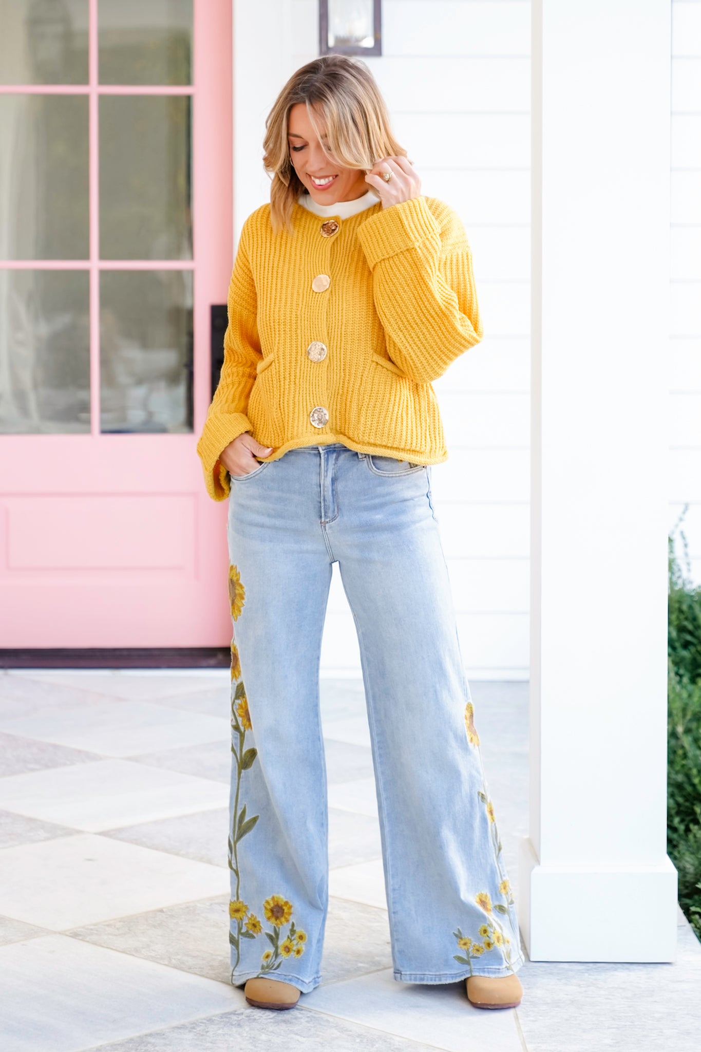 Knit Long Cuff Sleeve Gold Button Down Cardigan