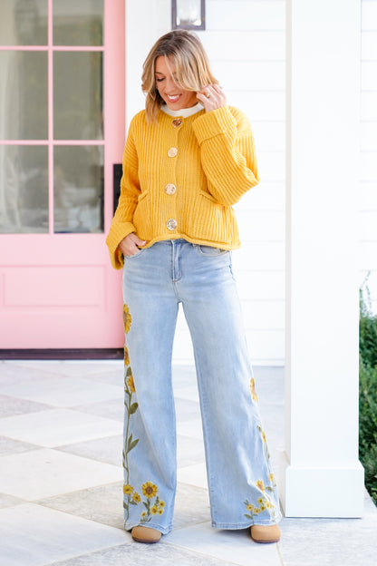 Knit Long Cuff Sleeve Gold Button Down Cardigan