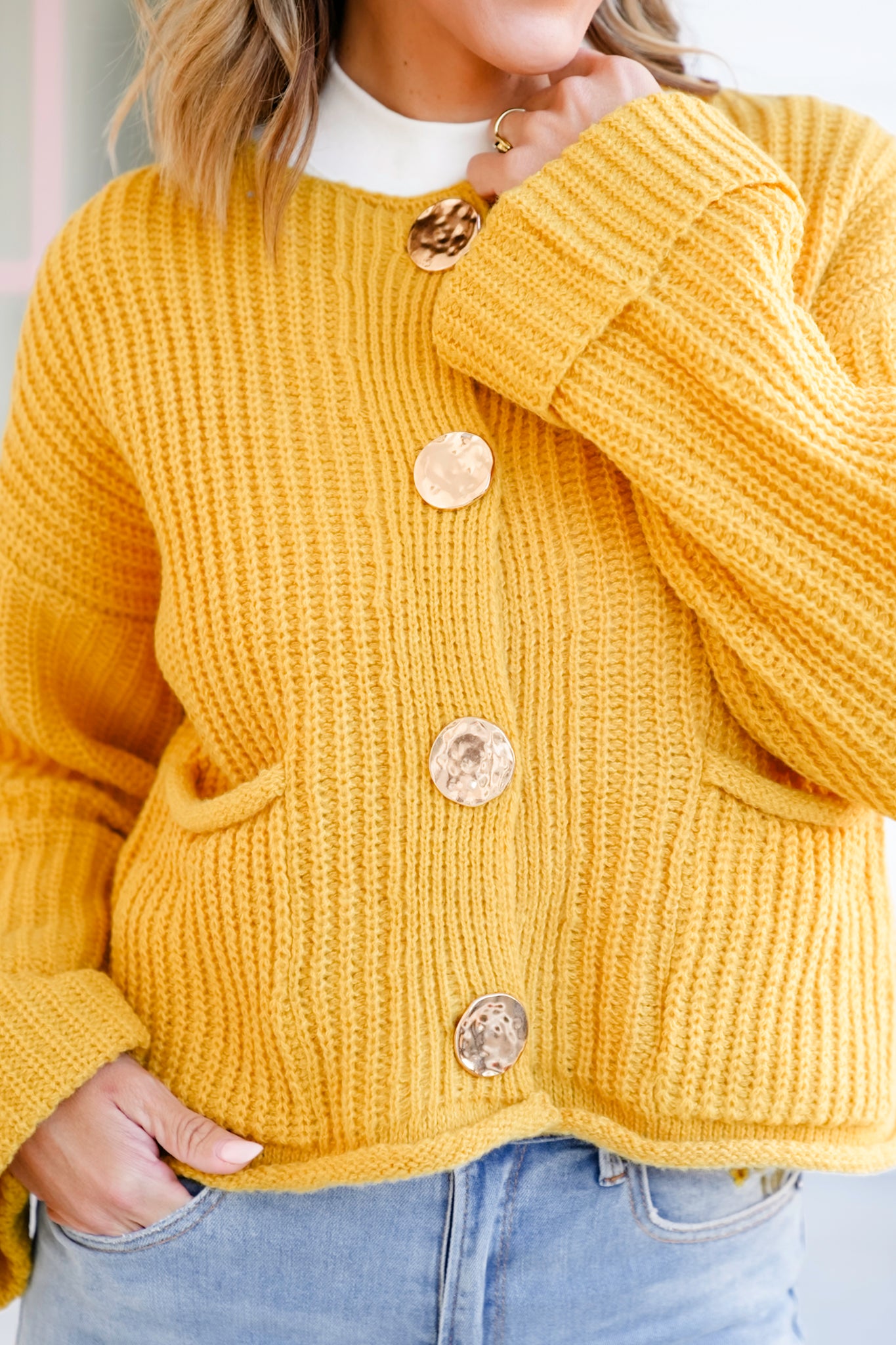 Knit Long Cuff Sleeve Gold Button Down Cardigan