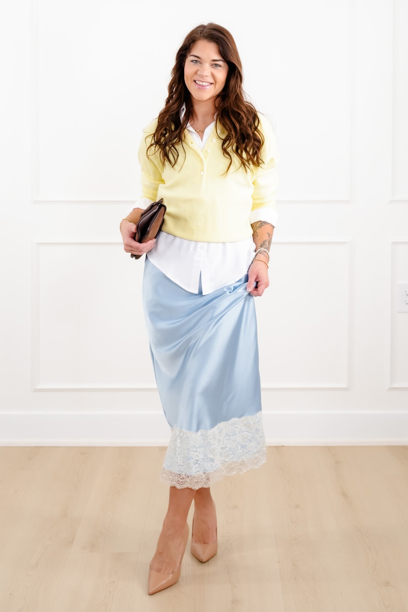 Satin Elastic Waist Midi Skirt with Lace Trim