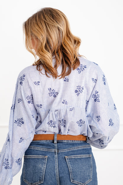 Plus/Reg Floral Stripe Long Sleeve Button Down Top