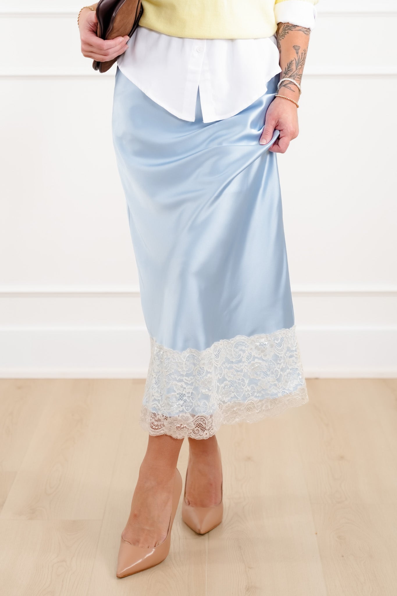 Satin Elastic Waist Midi Skirt with Lace Trim