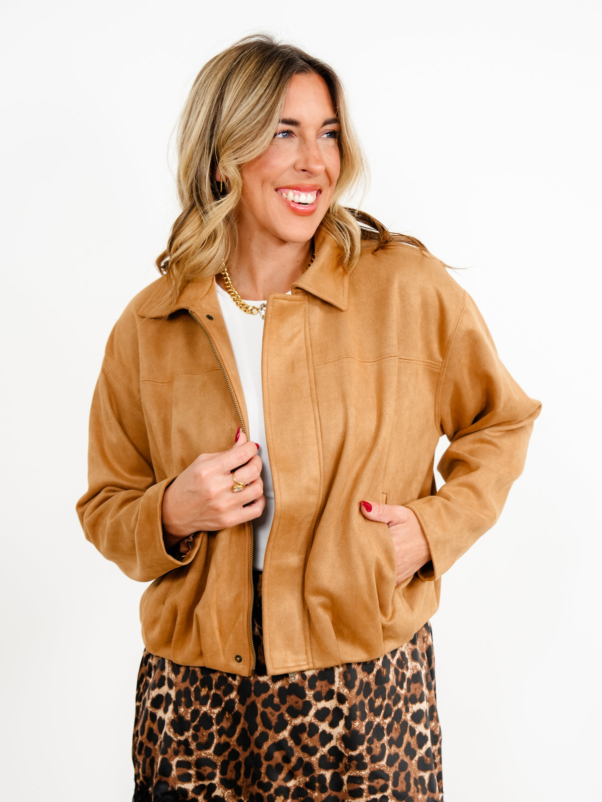 Vegan Suede Long Sleeve Bubble Hem Jacket - Freckled Poppy