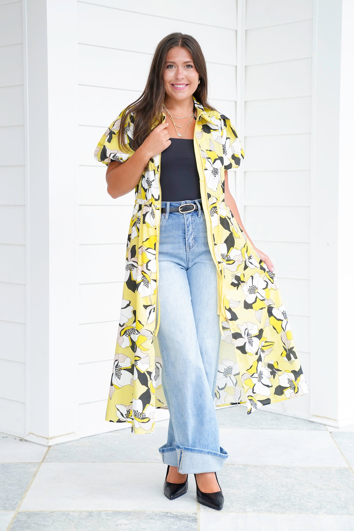 Floral Print Short Puff Sleeve Zip-Up Midi Dress