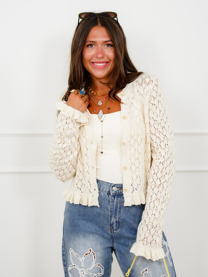 Restock! Knit Long Sleeve Button Down Ruffle Trim Cardigan