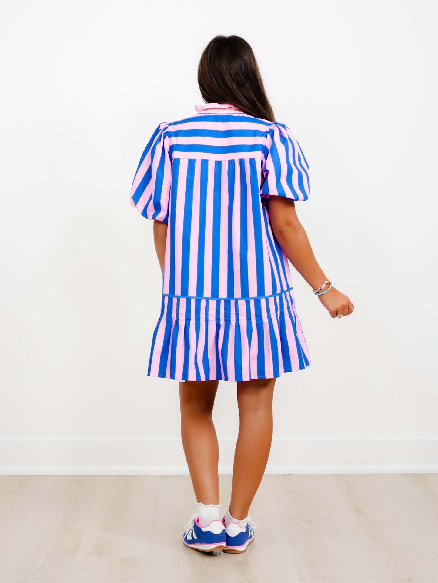 Striped Bubble Sleeve Mini Dress With Ruffle Trim