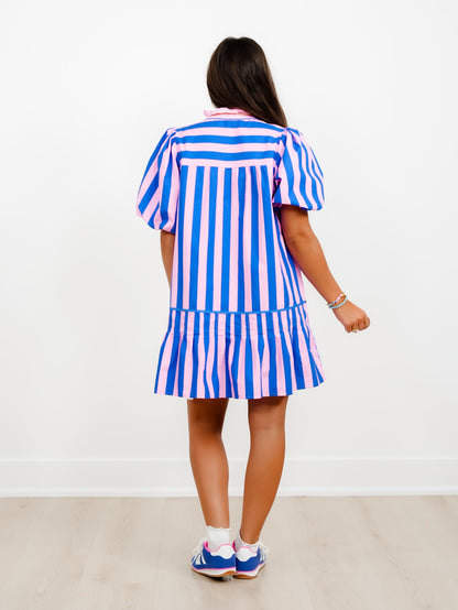 Striped Bubble Sleeve Mini Dress With Ruffle Trim