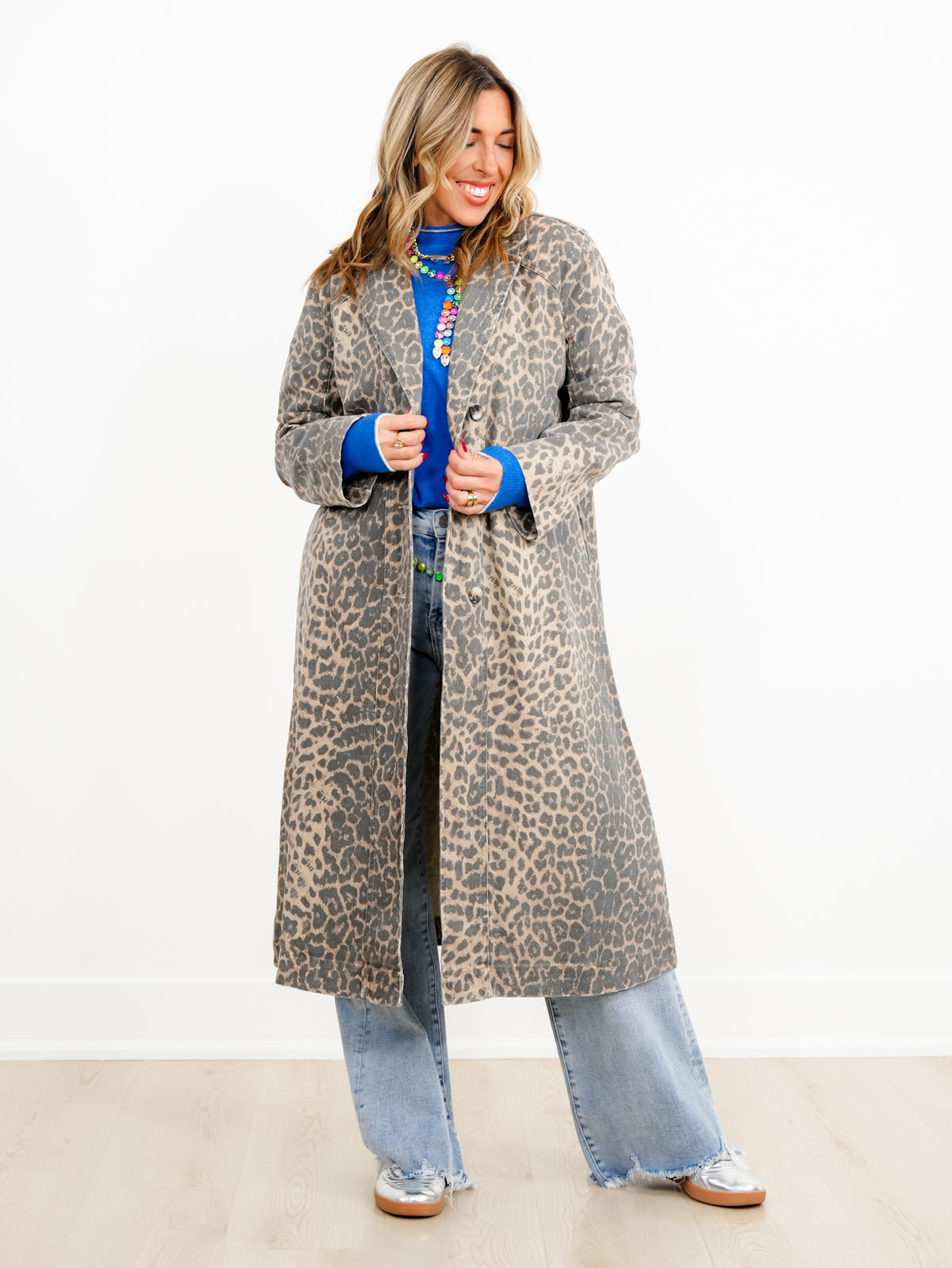 Washed Leopard Print Button Down Long Coat