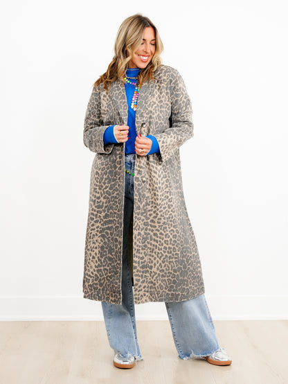 Washed Leopard Print Button Down Long Coat