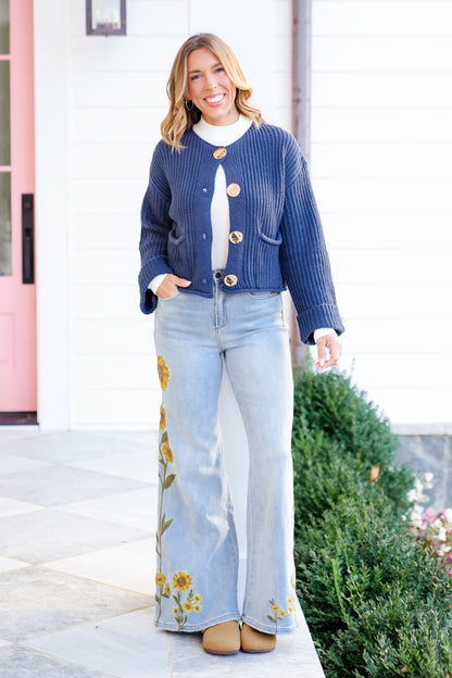 Knit Long Cuff Sleeve Gold Button Down Cardigan