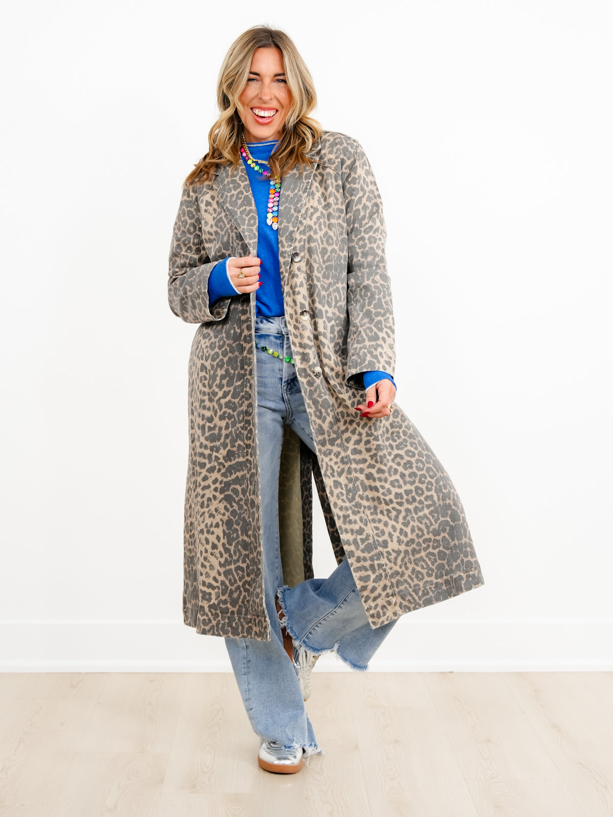 Washed Leopard Print Button Down Long Coat